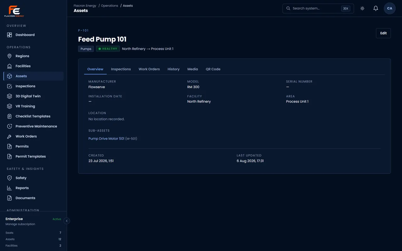 An asset profile for Feed Pump 101: tag, category, health status, and location, with tabs for its inspections, work orders, history, media, and QR code.