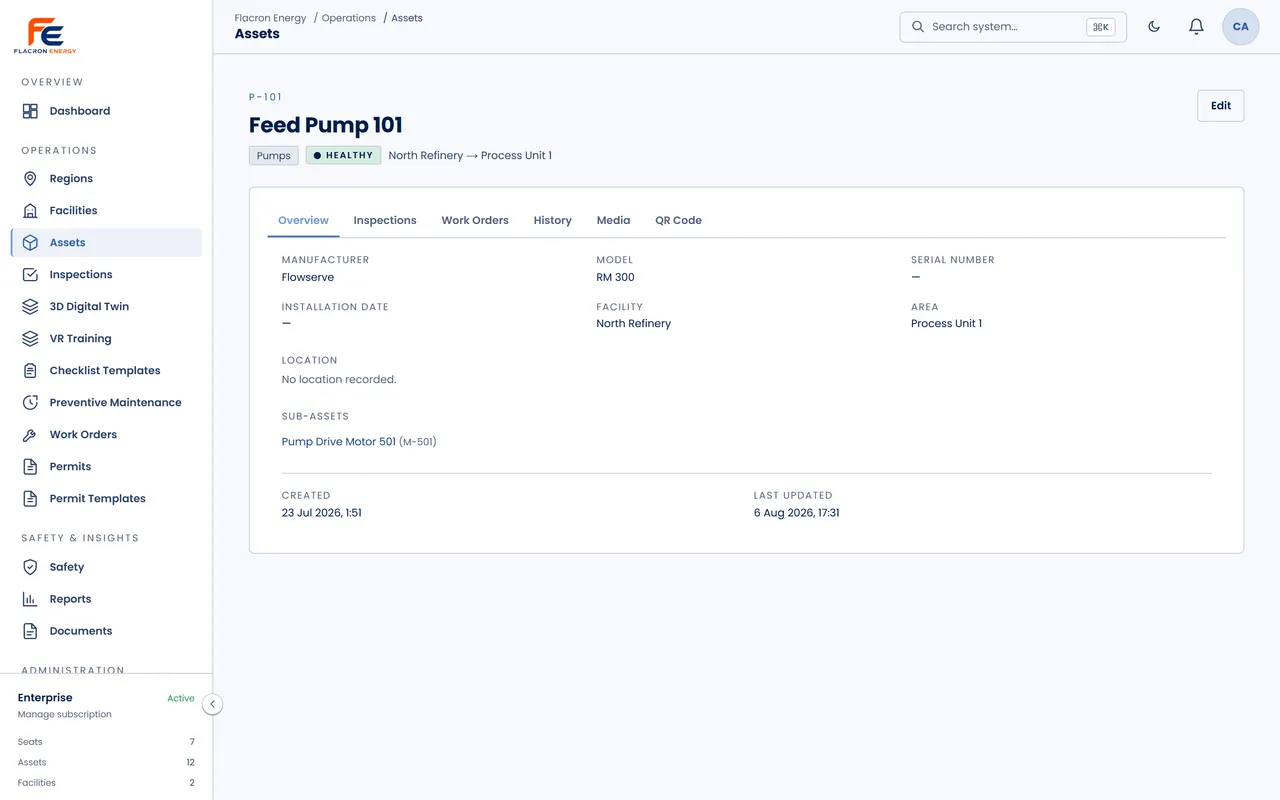 An asset profile for Feed Pump 101: tag, category, health status, and location, with tabs for its inspections, work orders, history, media, and QR code.