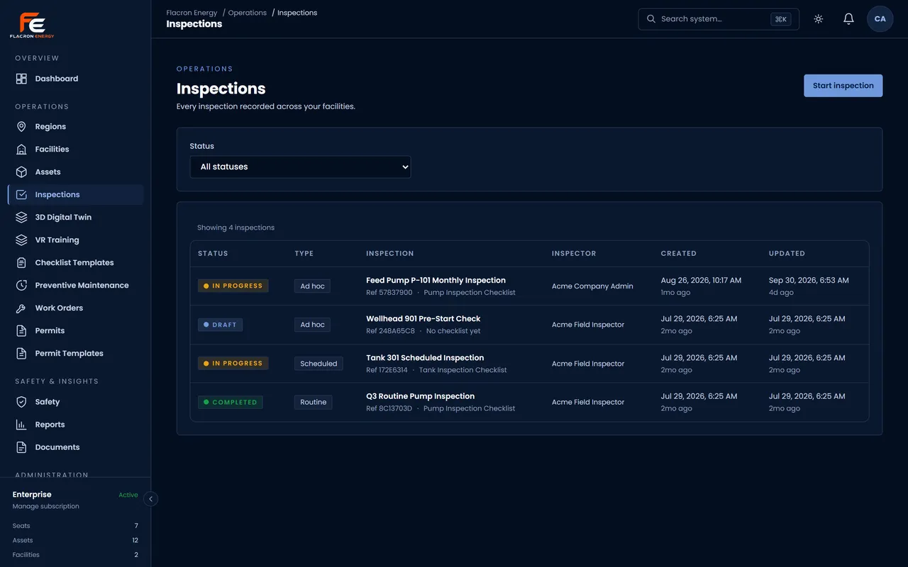 The Inspections screen: inspections listed with their status, type, checklist, inspector, and created and updated times.