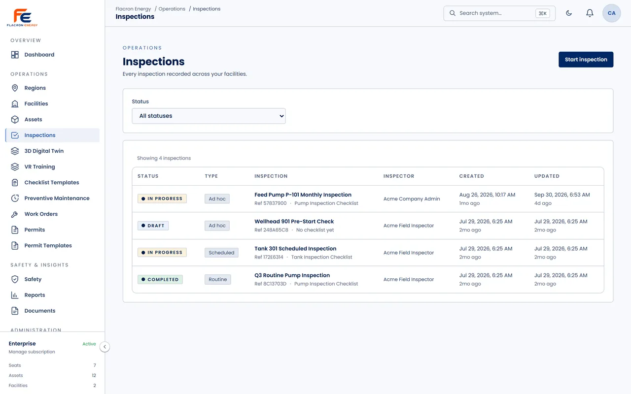 The Inspections screen: inspections listed with their status, type, checklist, inspector, and created and updated times.