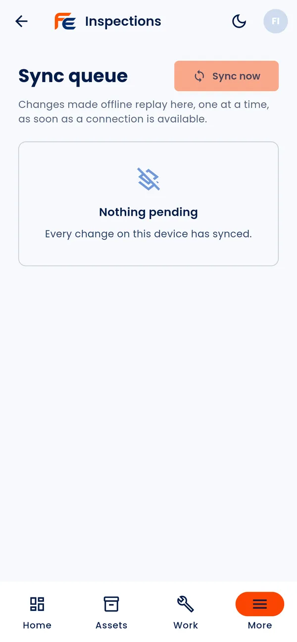 The mobile app's sync queue, where changes made offline wait and replay once a connection returns. It shows nothing pending.