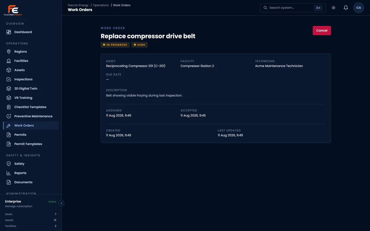 A work order in progress: the asset and facility it belongs to, the assigned technician, its priority, and when it was assigned and accepted.